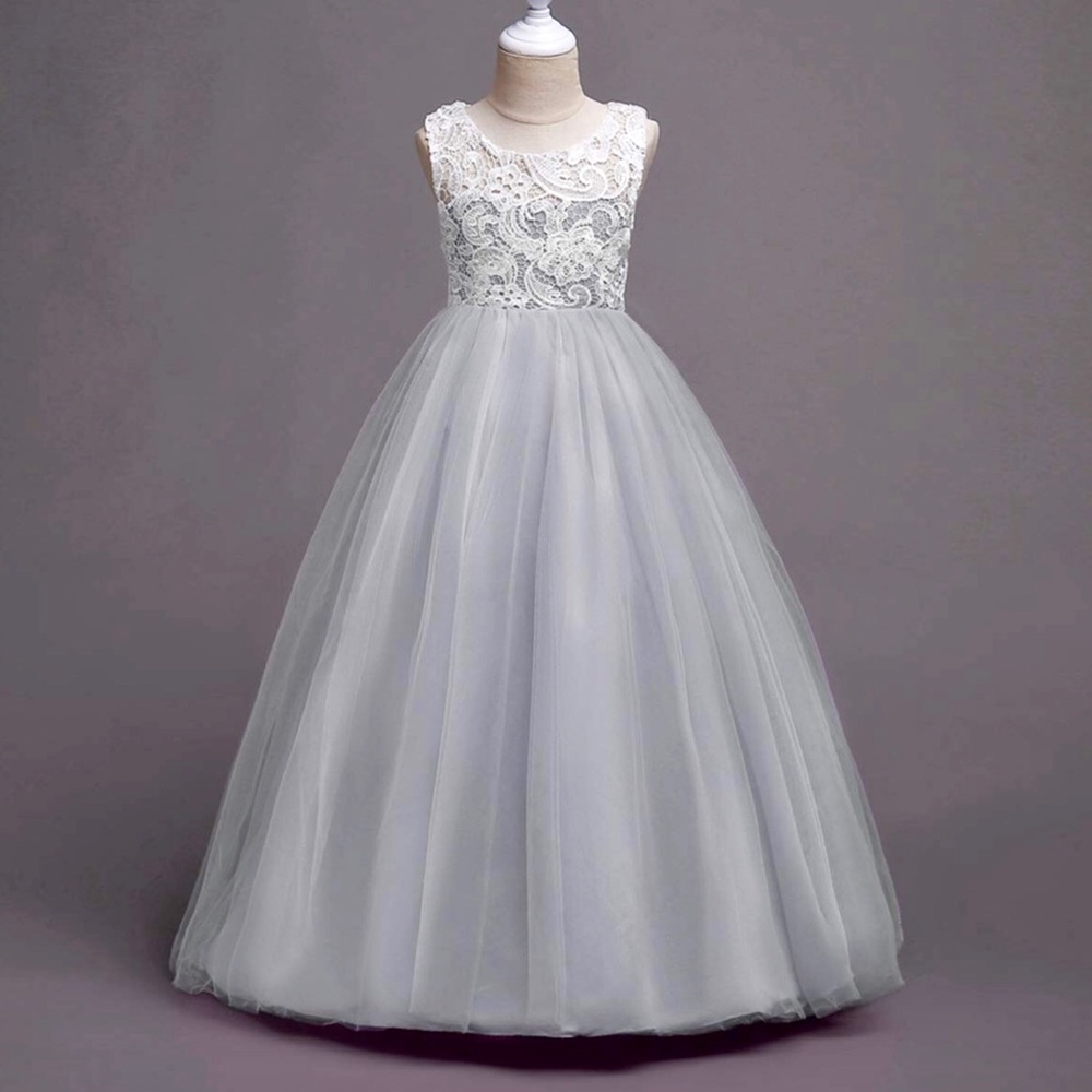 💞💜💞New! Gray White Lace Long Tulle Ball Gown
